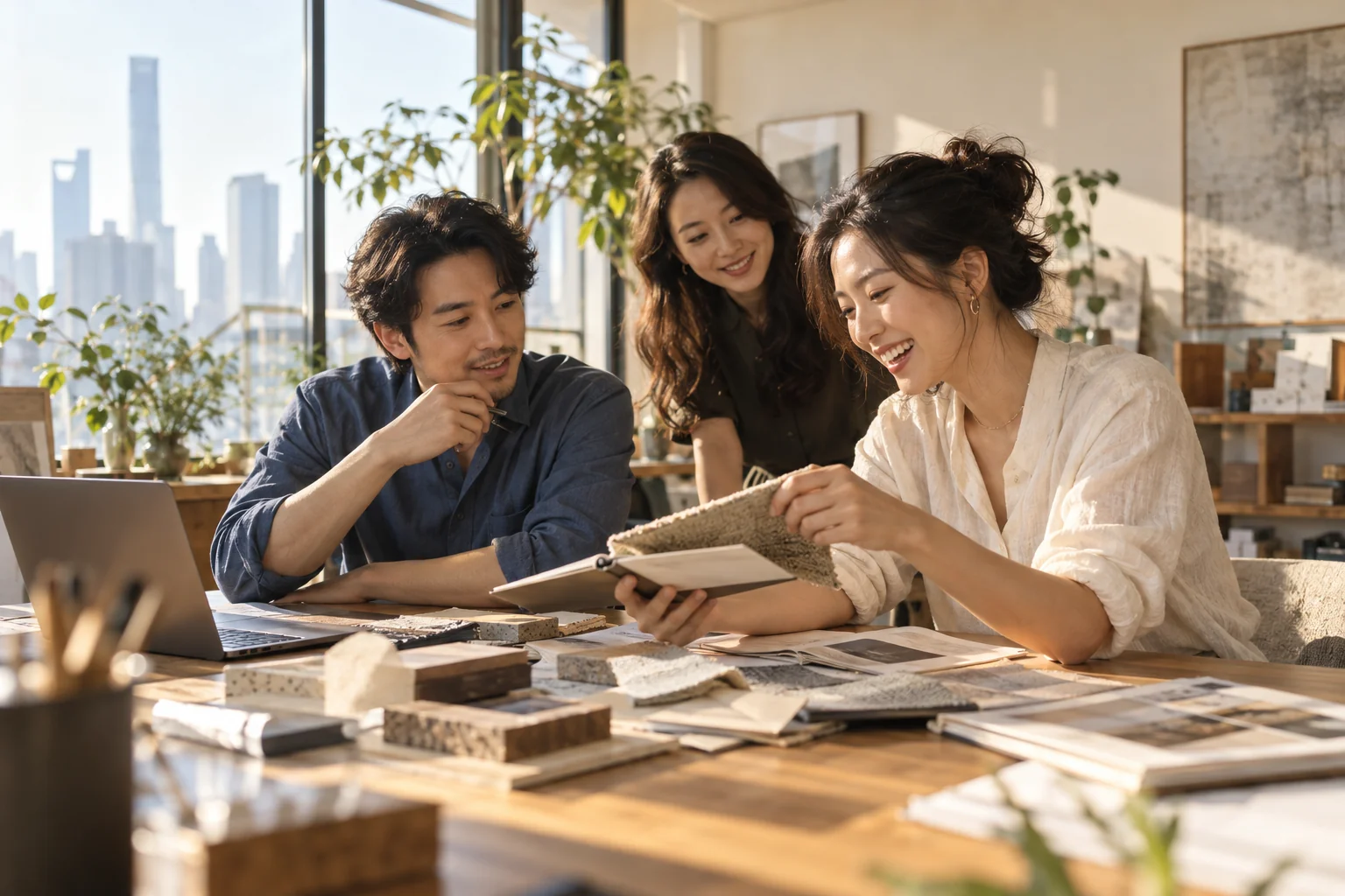 Chinese creative professionals sharing ideas around a desk in a sunlit studio